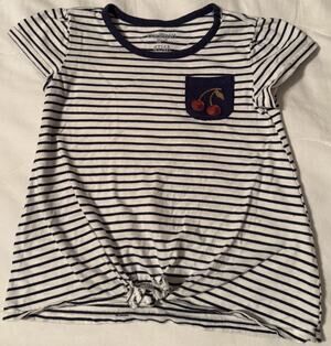 Osh Kosh B’gosh Toddler Girls’ Navy White Ringer Tie-Front Cherry Pocket size 4T